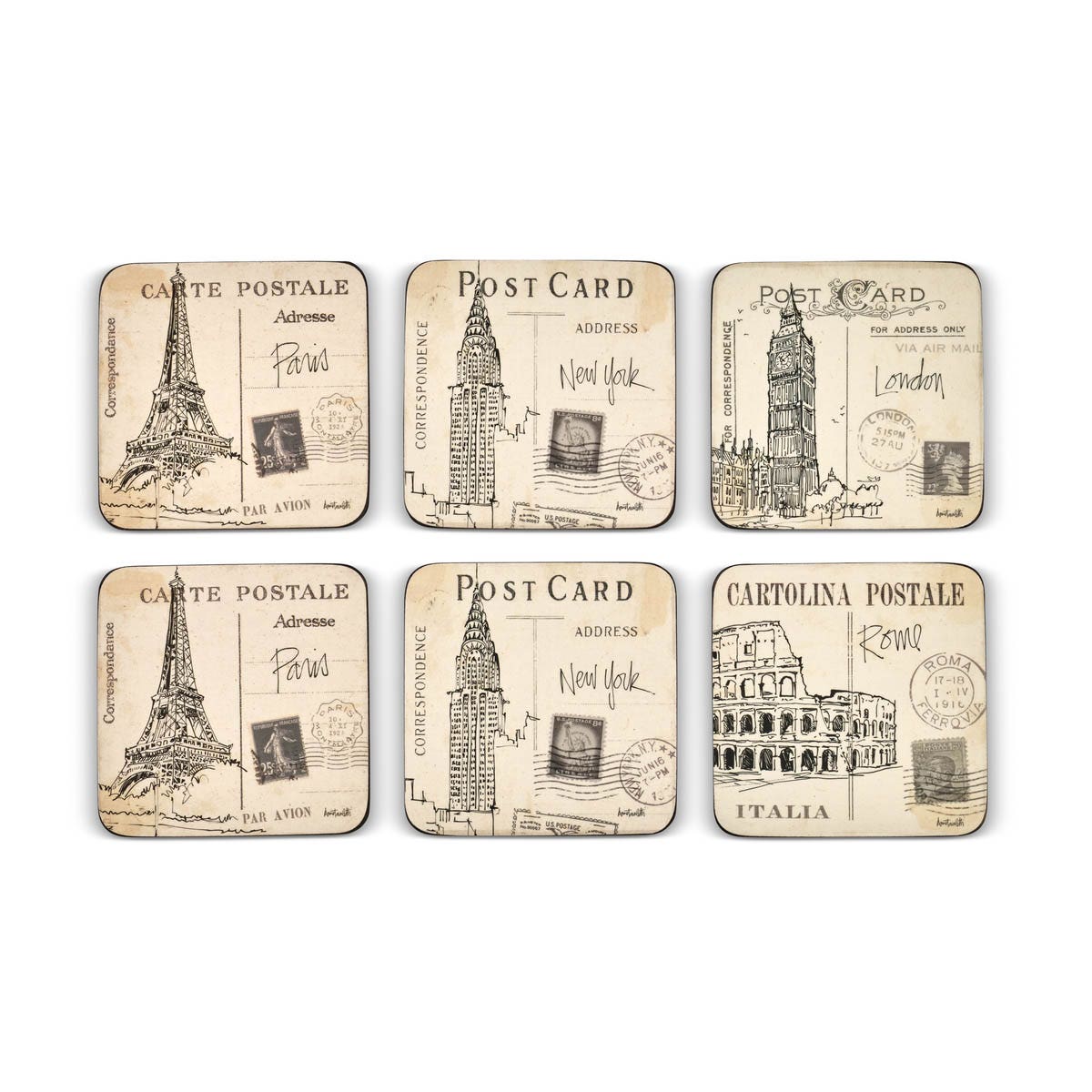 Postcard Sketches Set of 6 Coasters