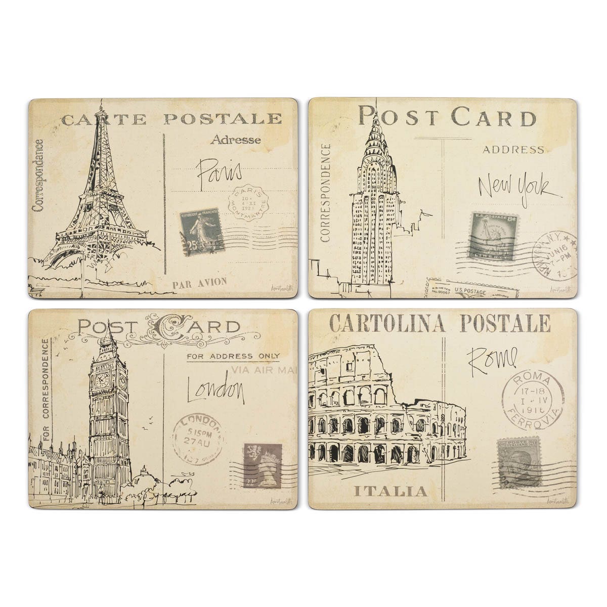 Postcard Sketches Set of 4 Large Placemats