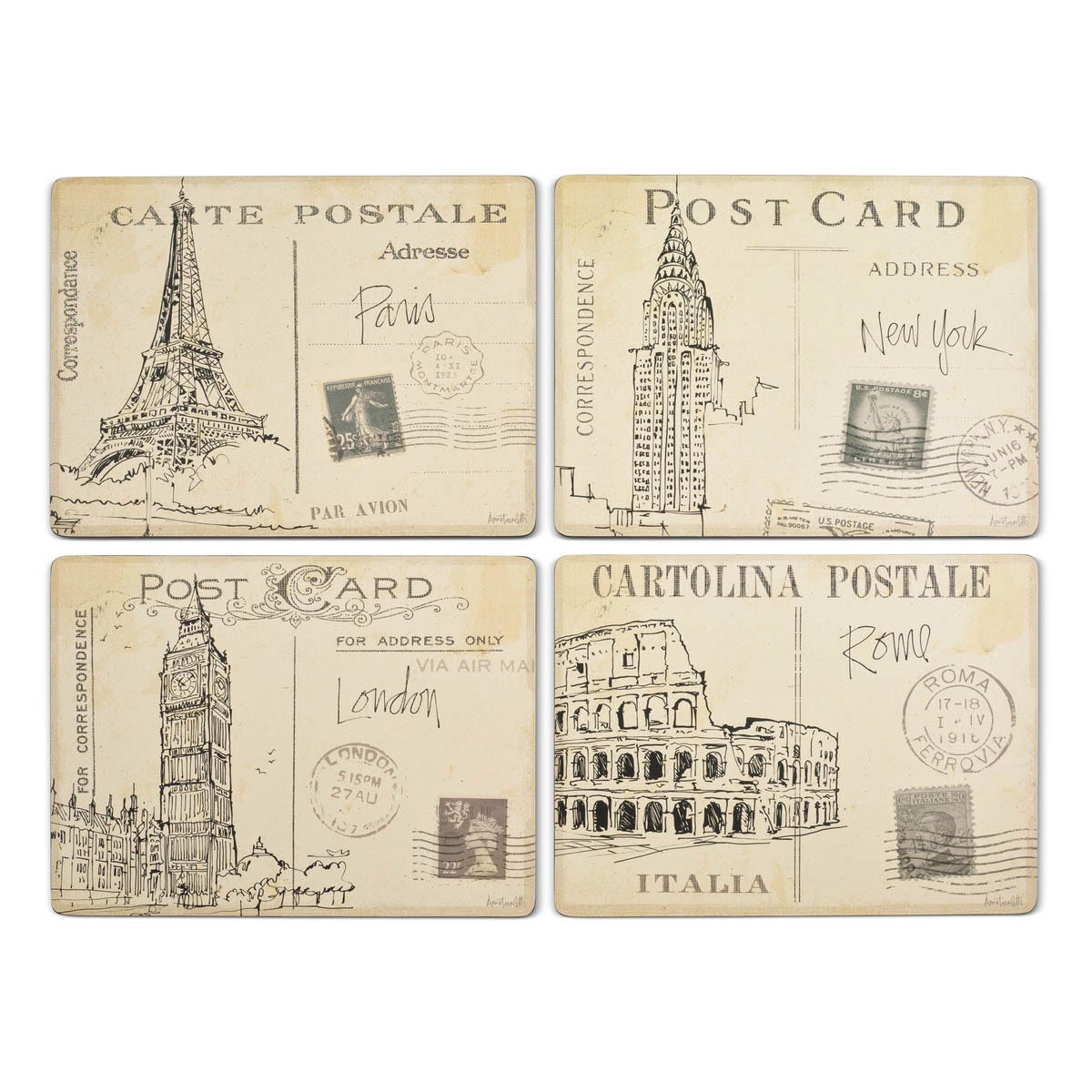 Postcard Sketches Set of 4 Large Placemats