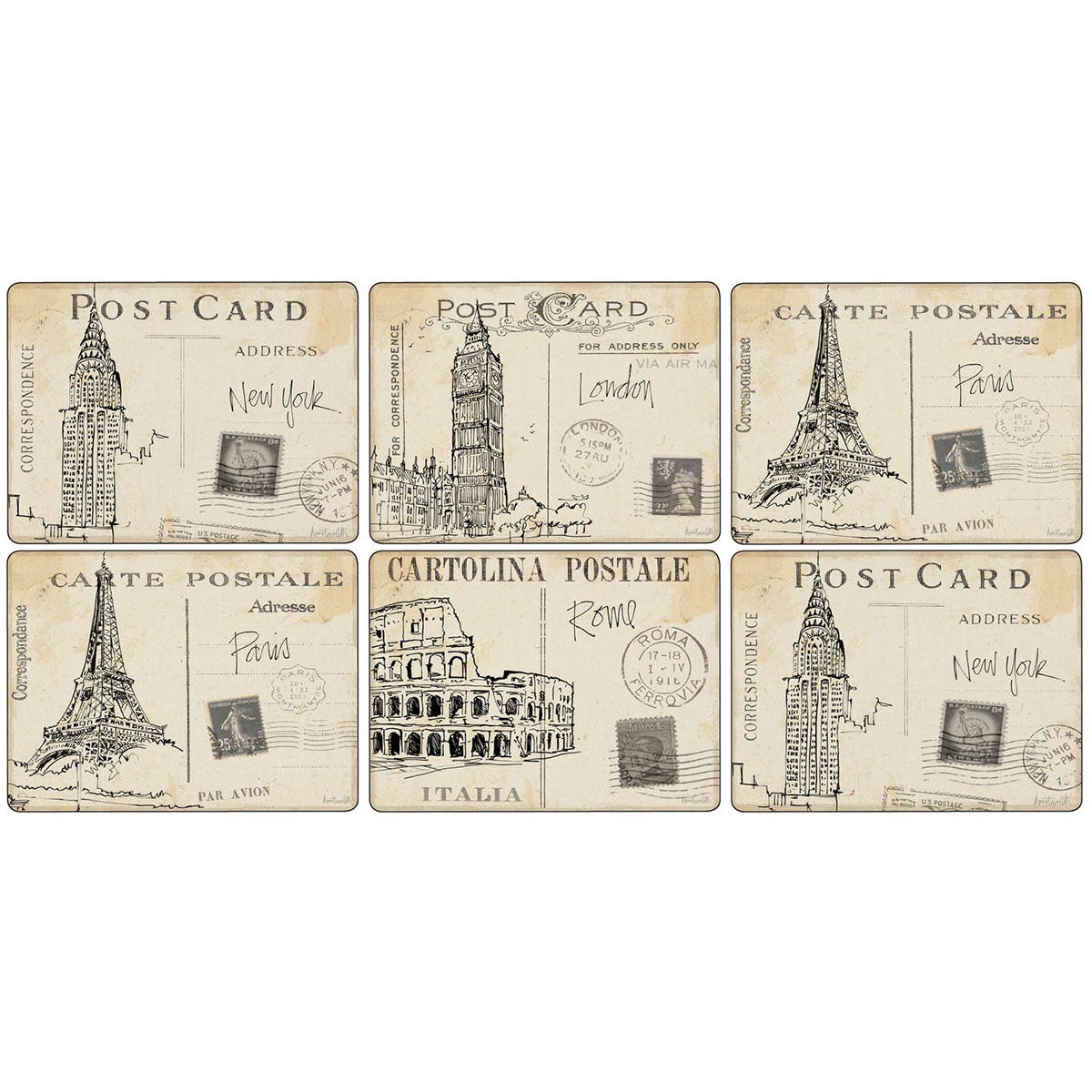 Postcard Sketches Set of 6 Placemats