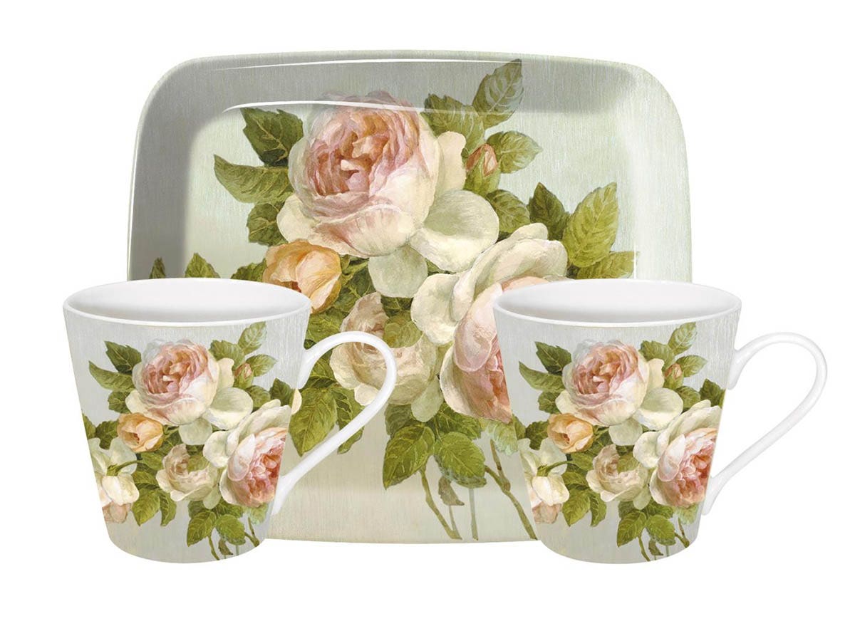 Antique Rose Mugs & Tray Set