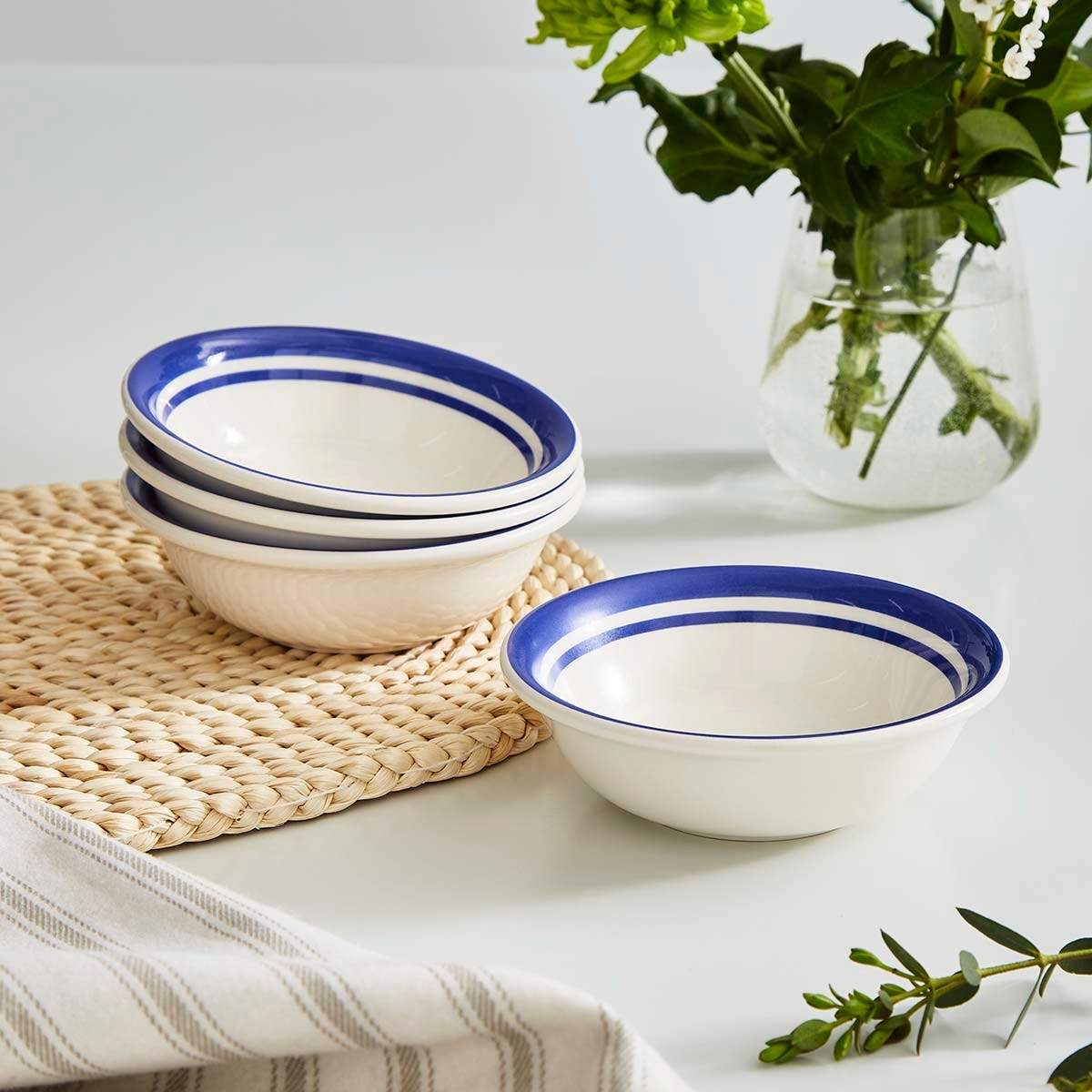 Potter's Stripe Set of 4, 13cm Bowls, Blue