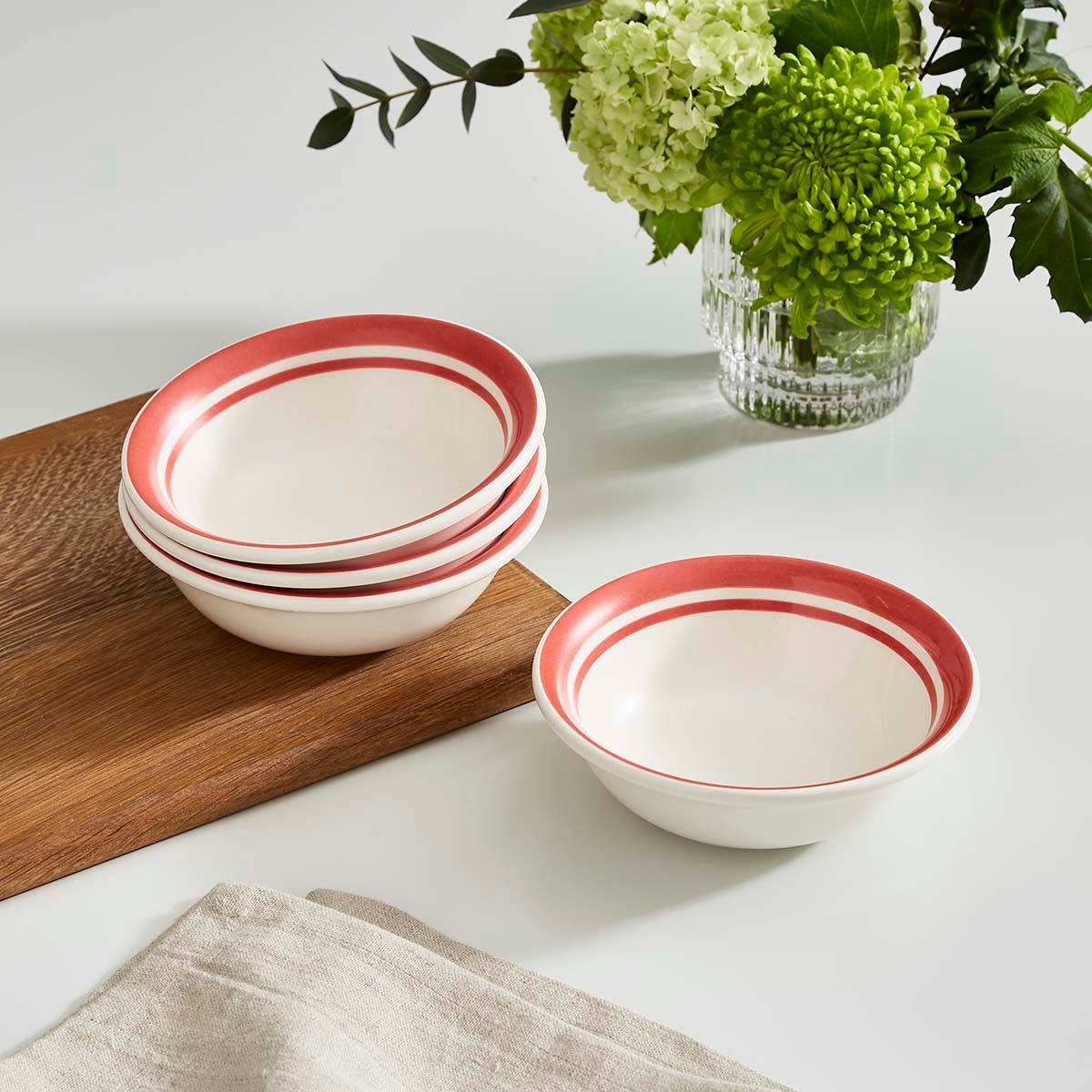 Potter's Stripe Set of 4, 13cm Bowls, Red