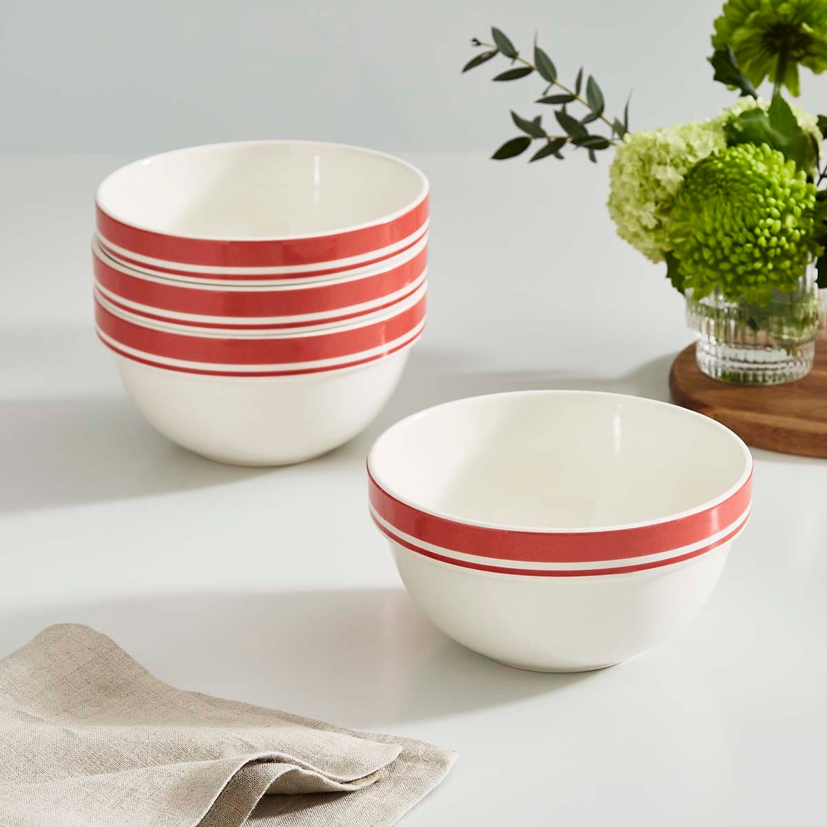 Potter's Stripe Set of 4, 7 Inch Stacking Bowls, Red