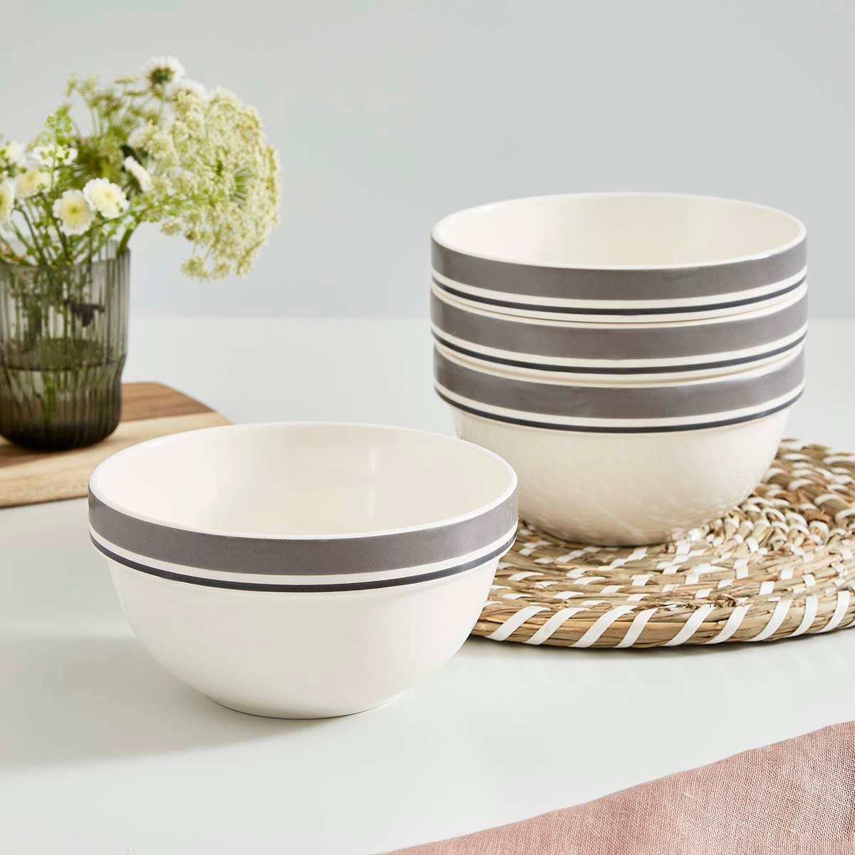 Potter's Stripe Set of 4, 7 Inch Stacking Bowls, Grey