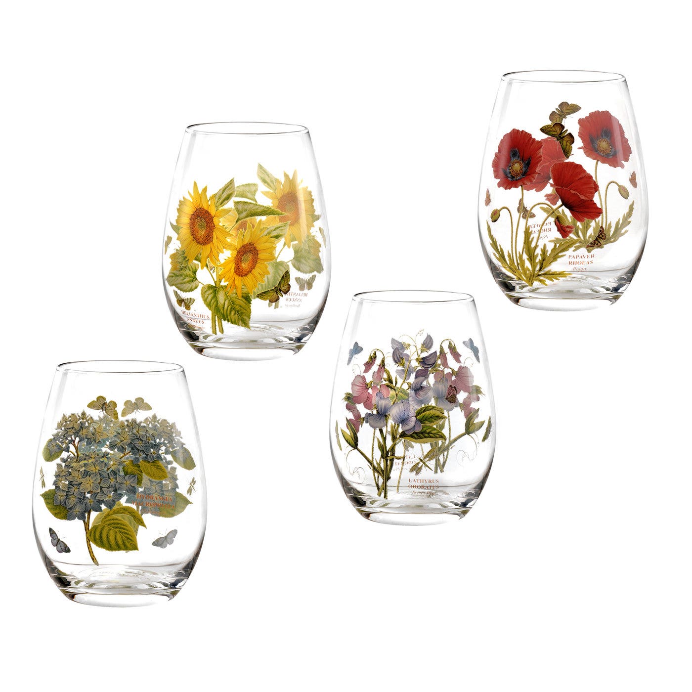 Portmeirion Botanic Garden Stemless Wine Glasses Set of 4 Assorted Motifs