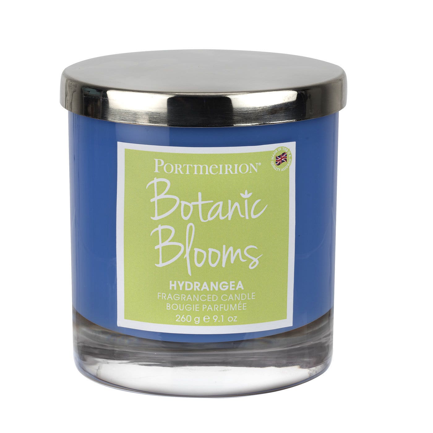 Portmeirion Botanic Blooms 38cl Wax Filled Glass Candle with Silver Lid Hydrangea