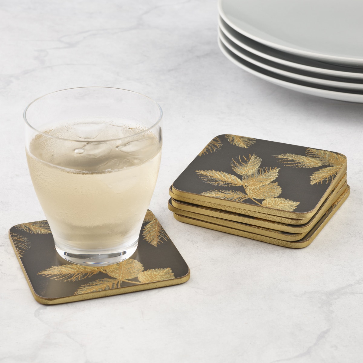 Sara Miller London Portmeirion Etched Leaves Coasters Set of 6 Dark Grey