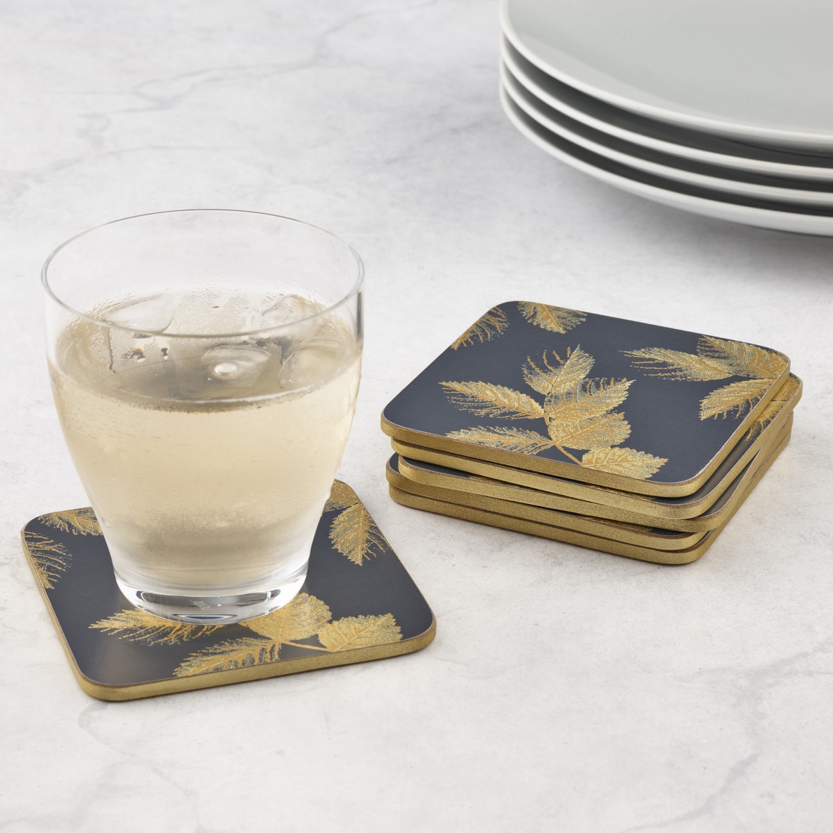 Sara Miller London Portmeirion Etched Leaves Coasters Set of 6 Navy