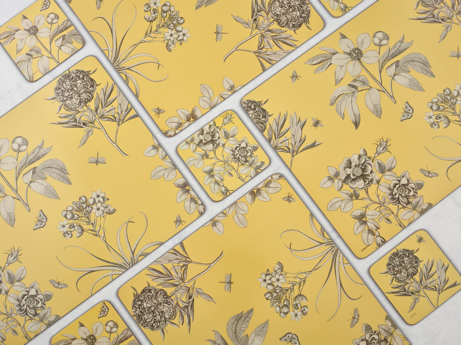 Sanderson For Pimpernel Etchings and Roses Yellow Coasters Set Of 6