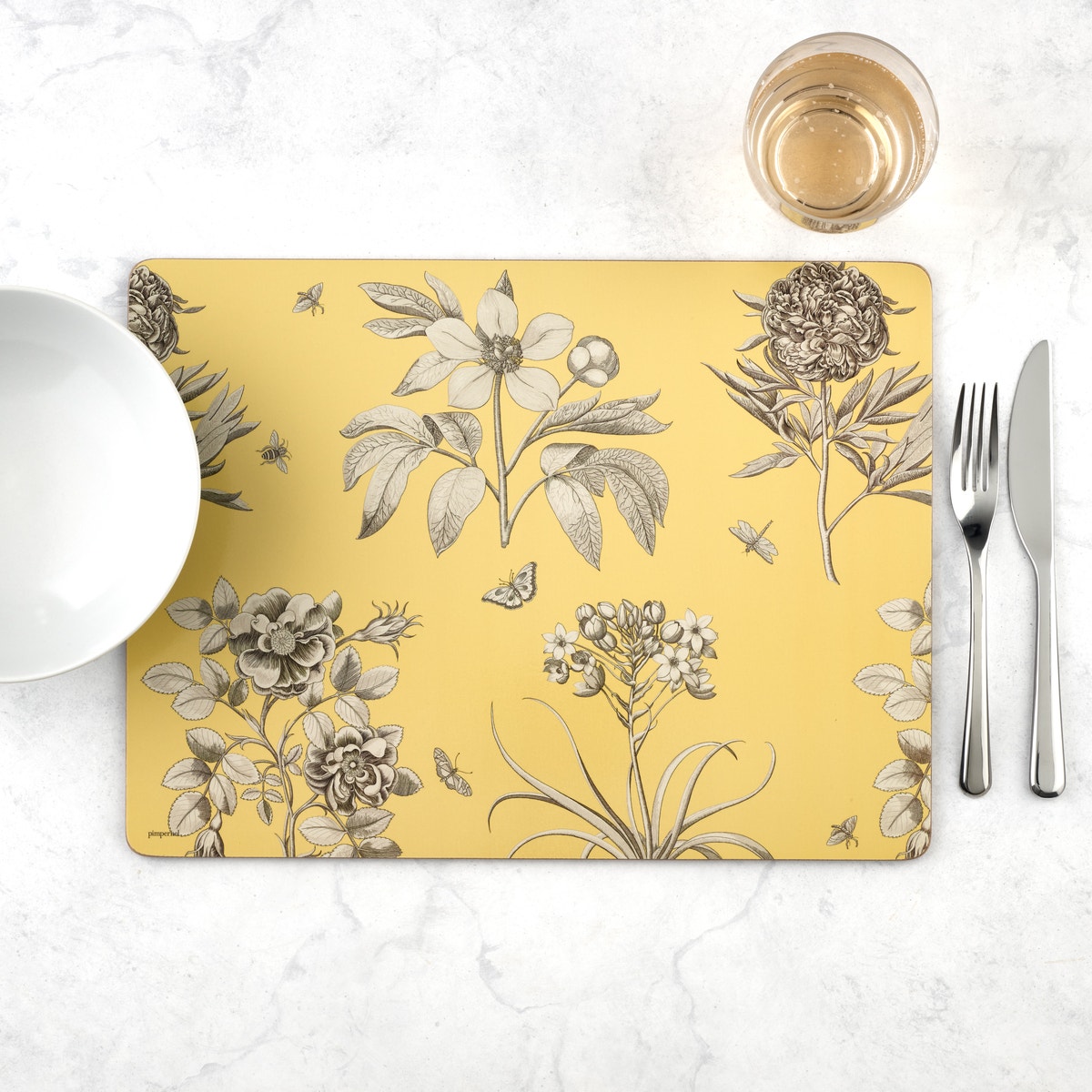 Sanderson For Pimpernel Etchings and Roses Yellow Placemats Set Of 6