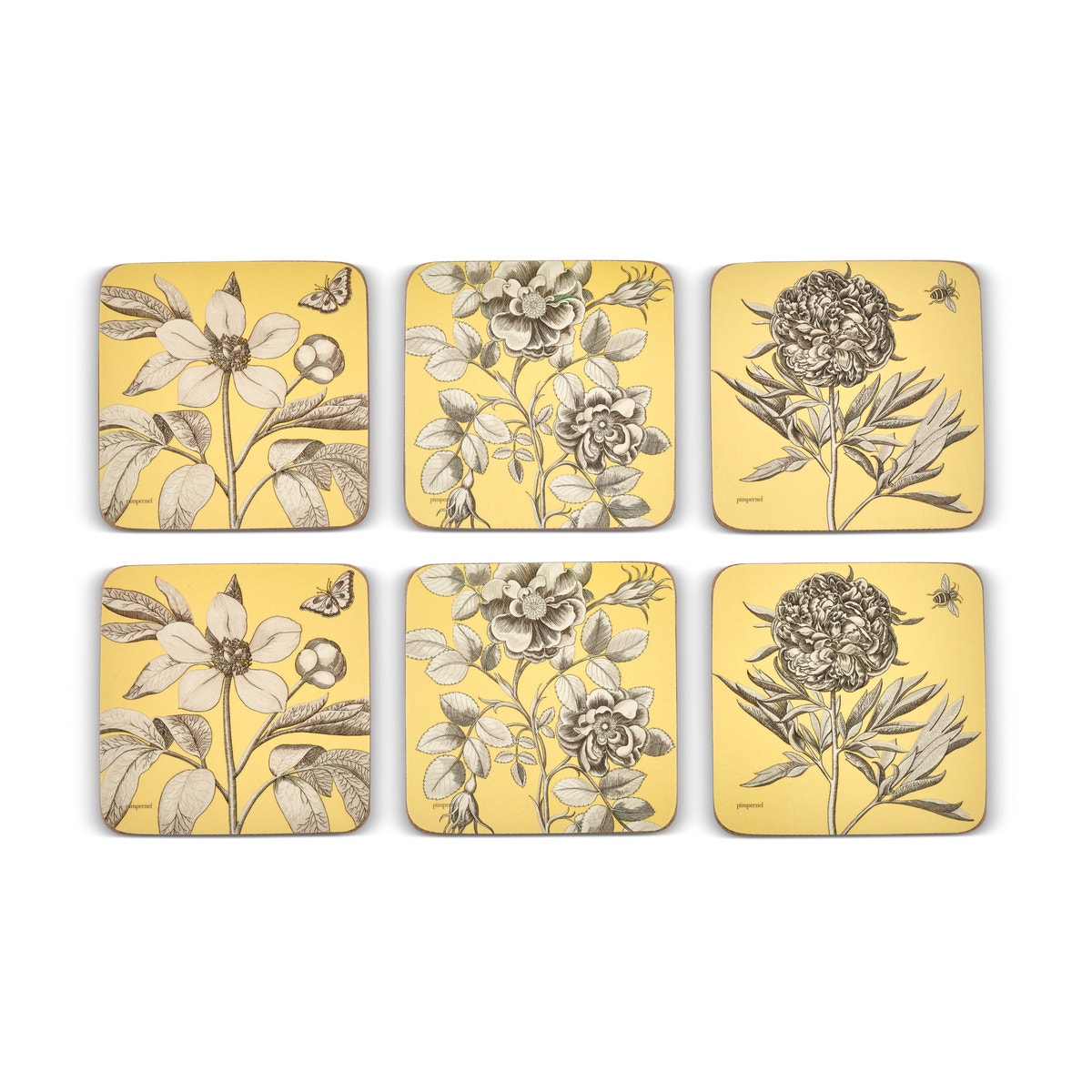 Sanderson For Pimpernel Etchings and Roses Yellow Coasters Set Of 6