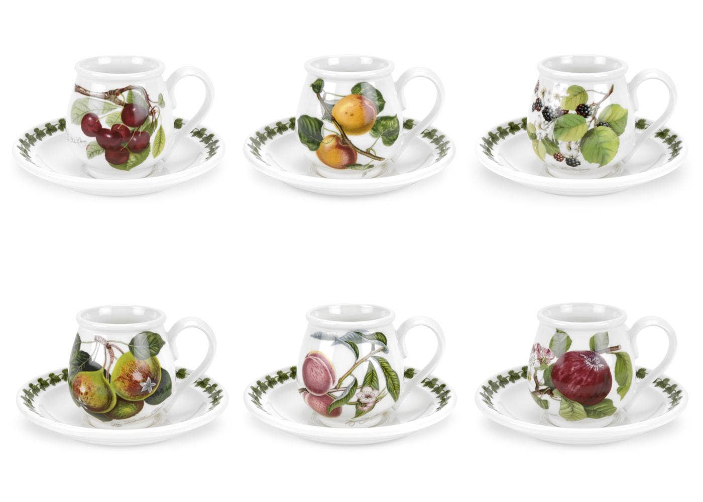 Seconds Portmeirion Pomona Set of 6  Mocha Coffee Cups and Saucers - No Guarantee of Fruit Design