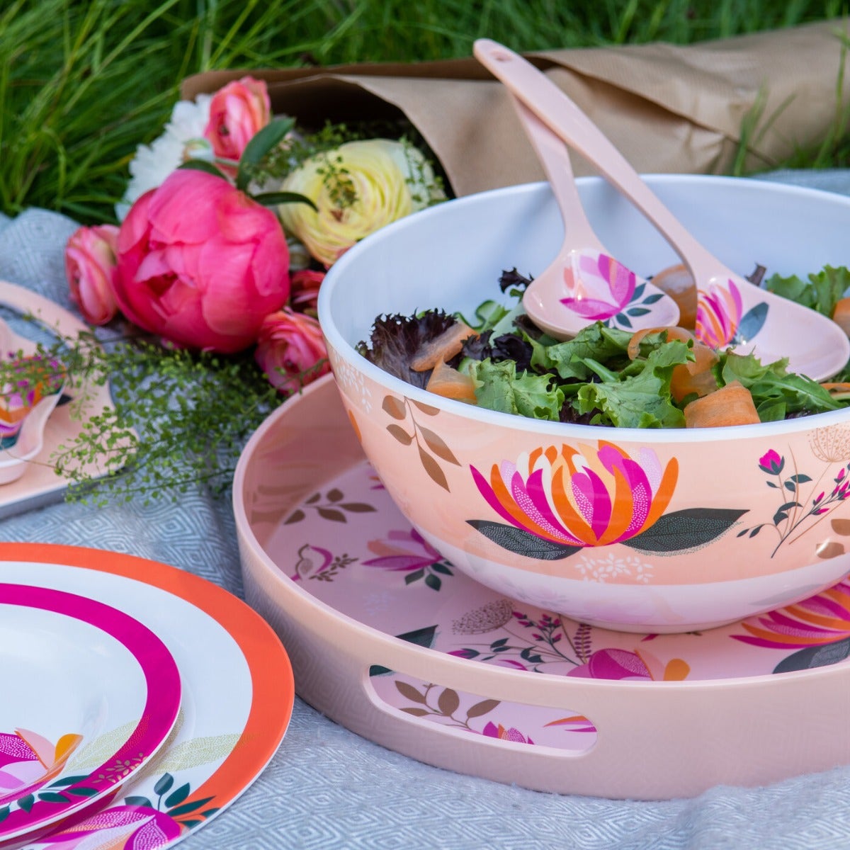 Sara Miller Peony Melamine Salad Bowl & Servers Set 