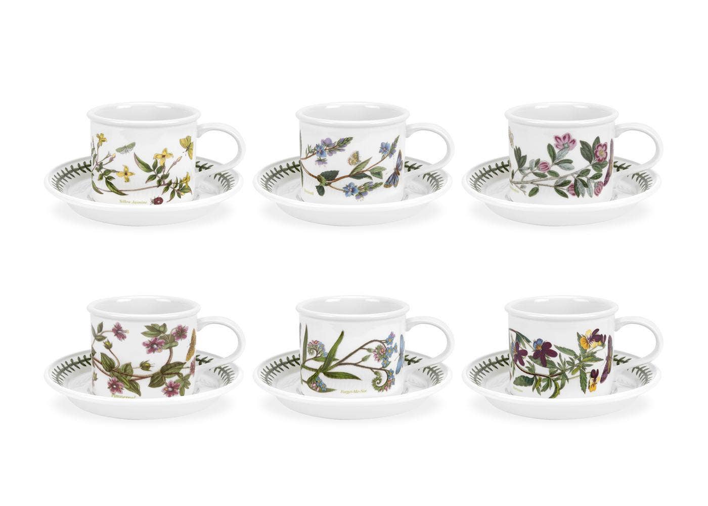 Seconds Portmeirion Botanic Garden Breakfast Cup and Saucer Set of 6 No Guarantee Of Flower Design (Drum)