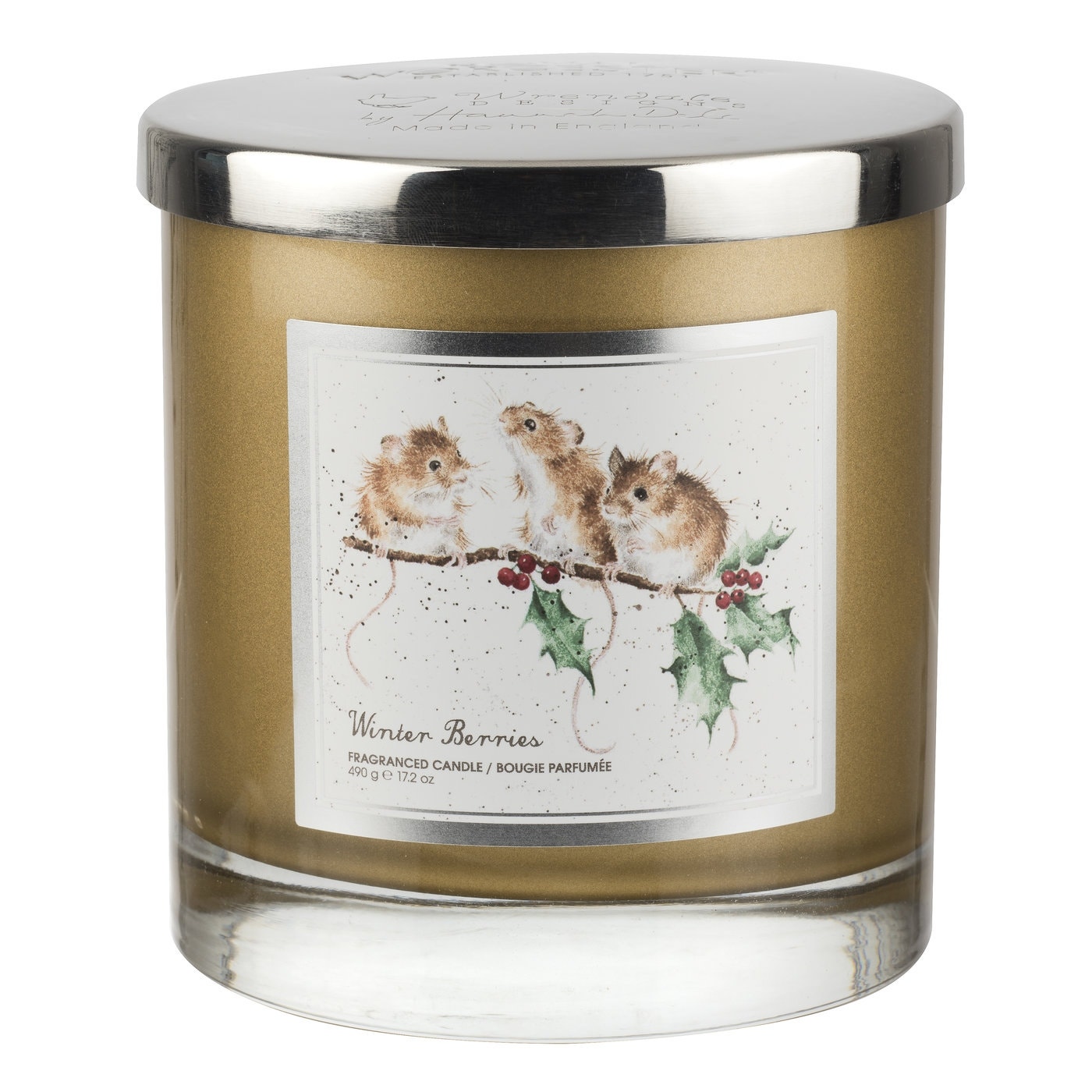 Royal Worcester Wrendale Designs Mice 2 Wick Glass Candle with Silver Lid Winter Berries