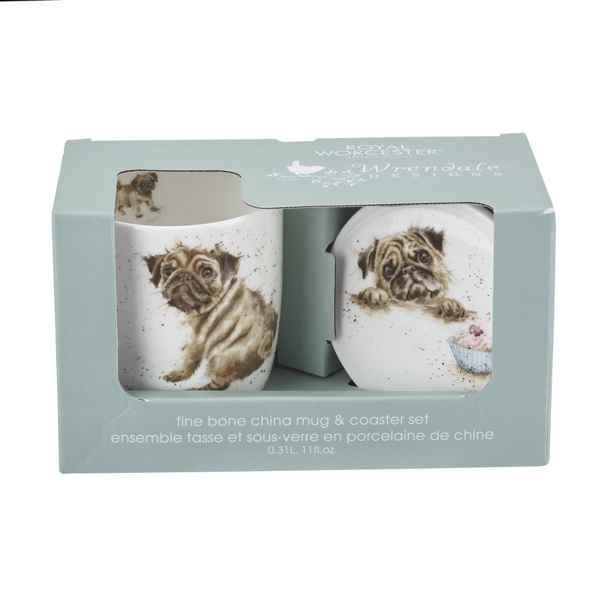 Royal Worcester Wrendale Designs Pug Love Mug and Coaster 