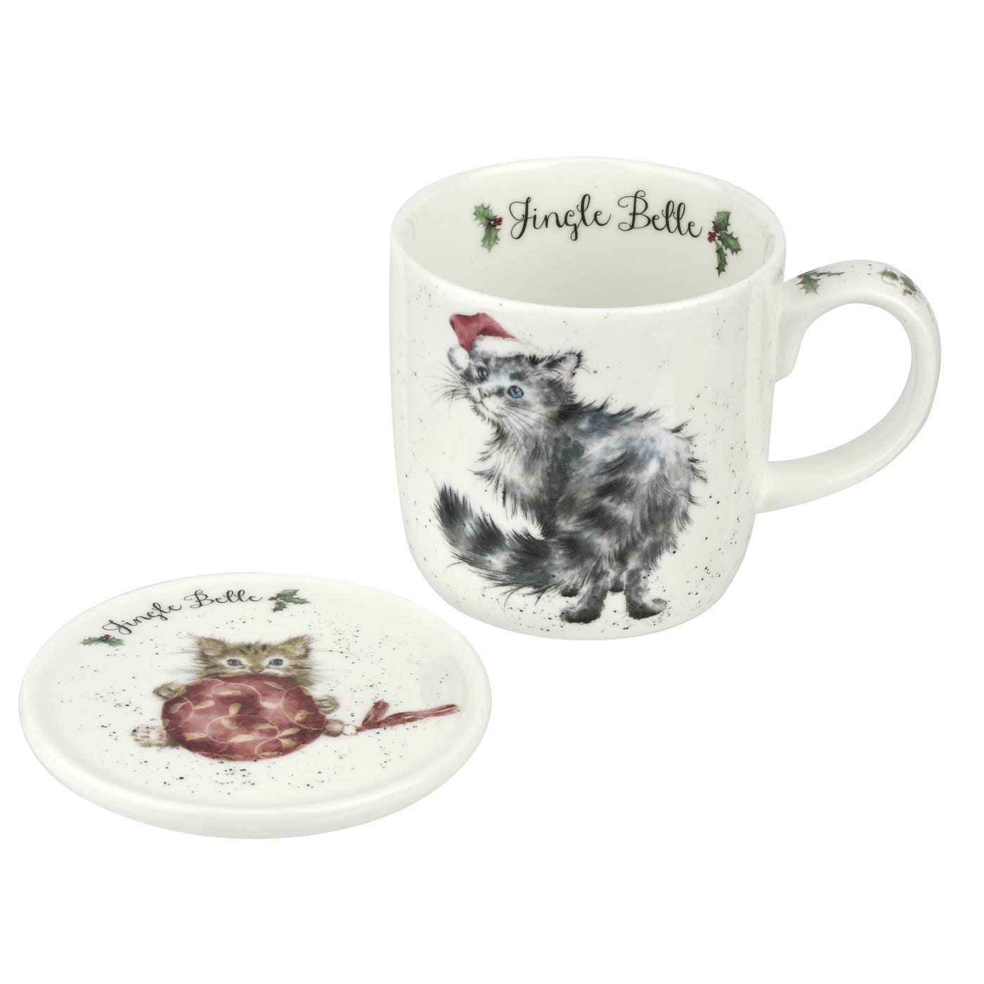 Royal Worcester Wrendale Designs Jingle Belle Cats Fine Bone China Mug and Coaster 