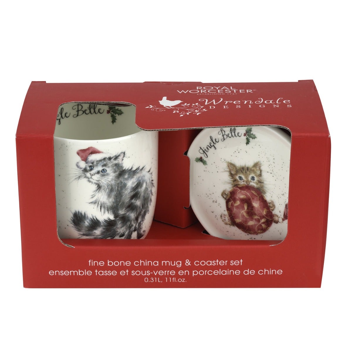 Royal Worcester Wrendale Designs Jingle Belle Cats Fine Bone China Mug and Coaster 