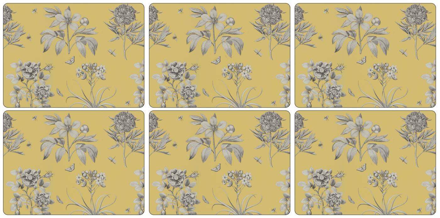 Sanderson For Pimpernel Etchings and Roses Yellow Placemats Set Of 6
