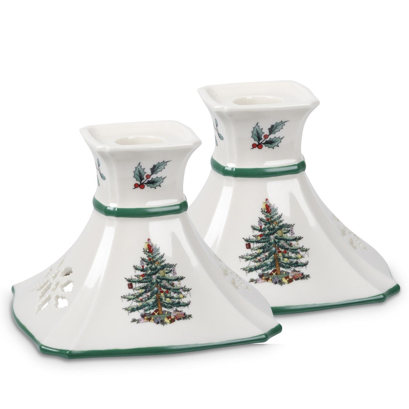 Spode Christmas Tree Pierced Candlesticks Set Of 2