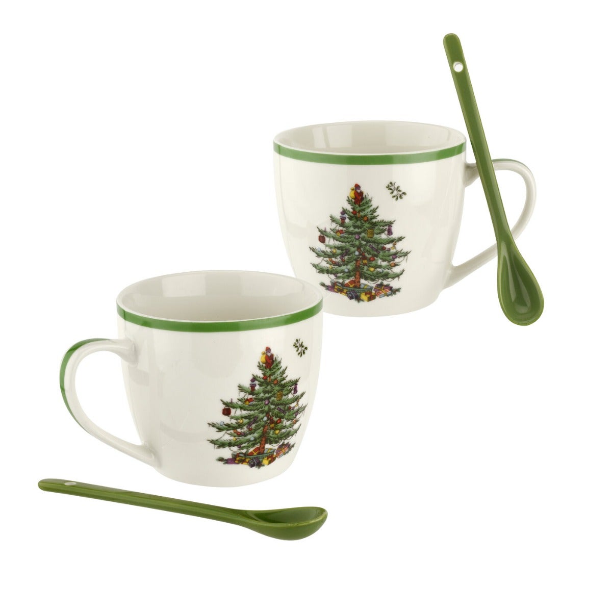 Spode Christmas Tree Mugs and Ceramic Spoons