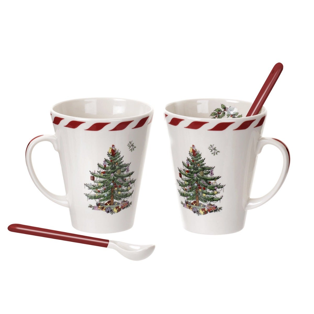 Spode Christmas Tree set of 2 peppermint 14oz mugs with spoons