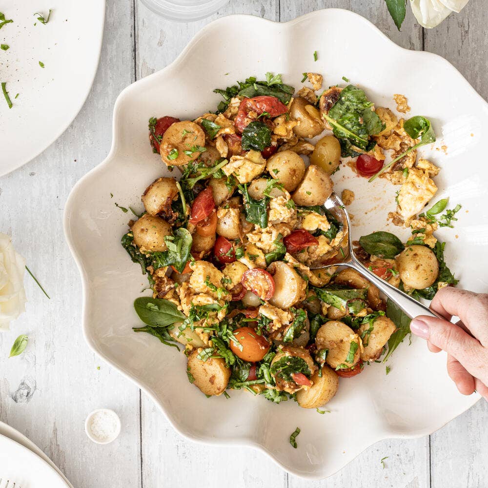 Cumin Spiced Eggs with Baby Potatoes, Tomatoes and Spinach